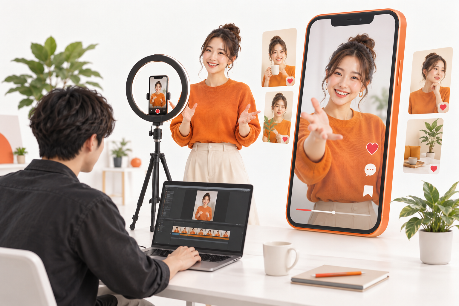 縦型動画を撮影するクリエイターとSNS投稿を制作するチームのイラスト
