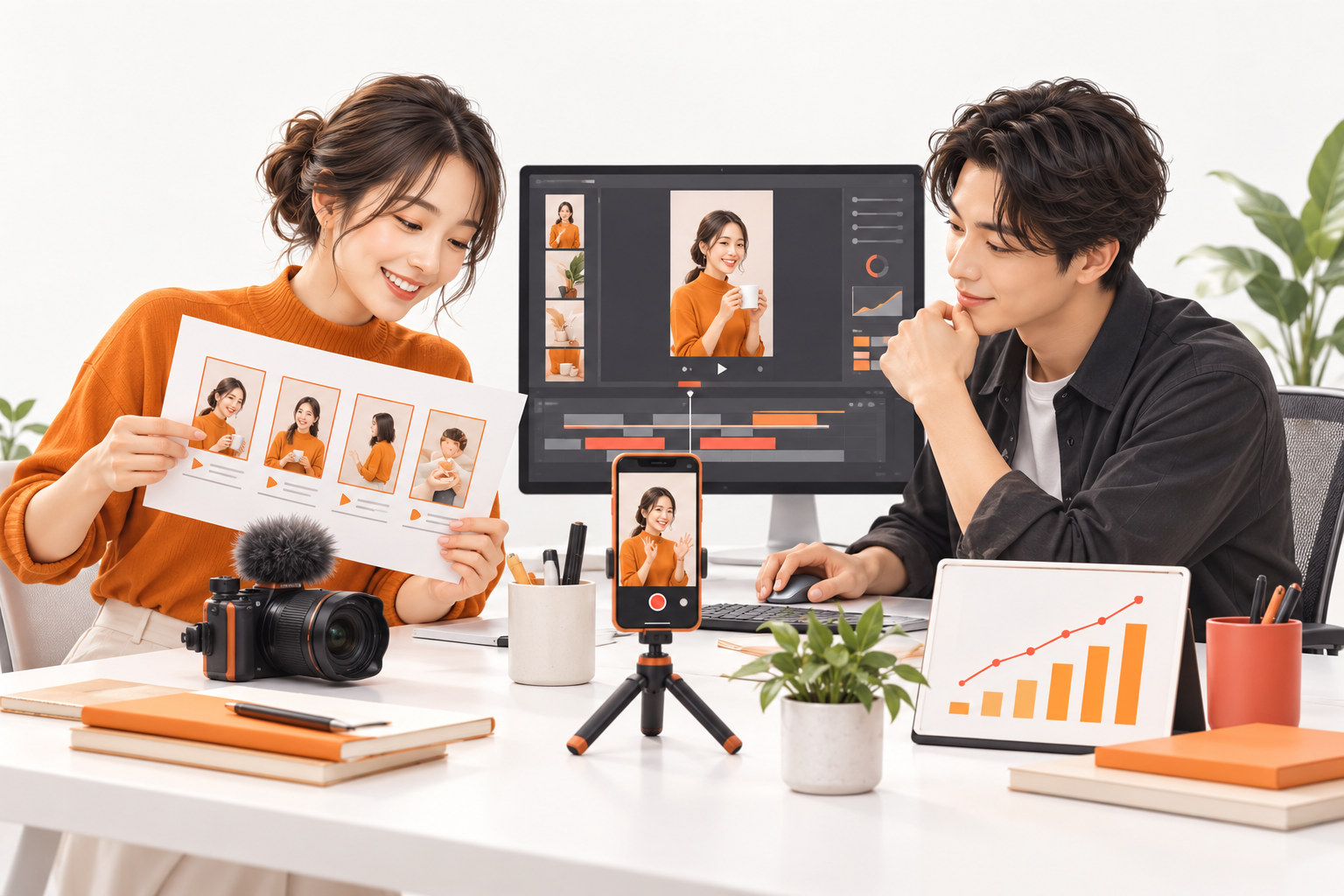 SNS投稿の企画・動画編集・分析に取り組む専門チームのイラスト